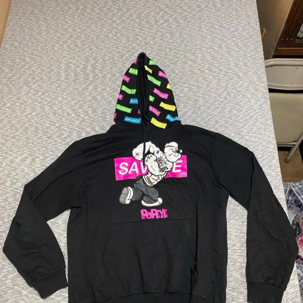 Popeye Hoodie with Popeye graphic and 'SAVAGE' text Size Large. SKU-A772